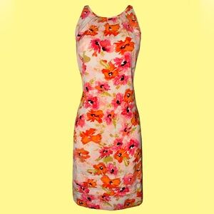 ANN TAYLOR TIERED TIE BACK SLEEVELESS ORANGE RED FLORAL A LINE SHEATH DRESS